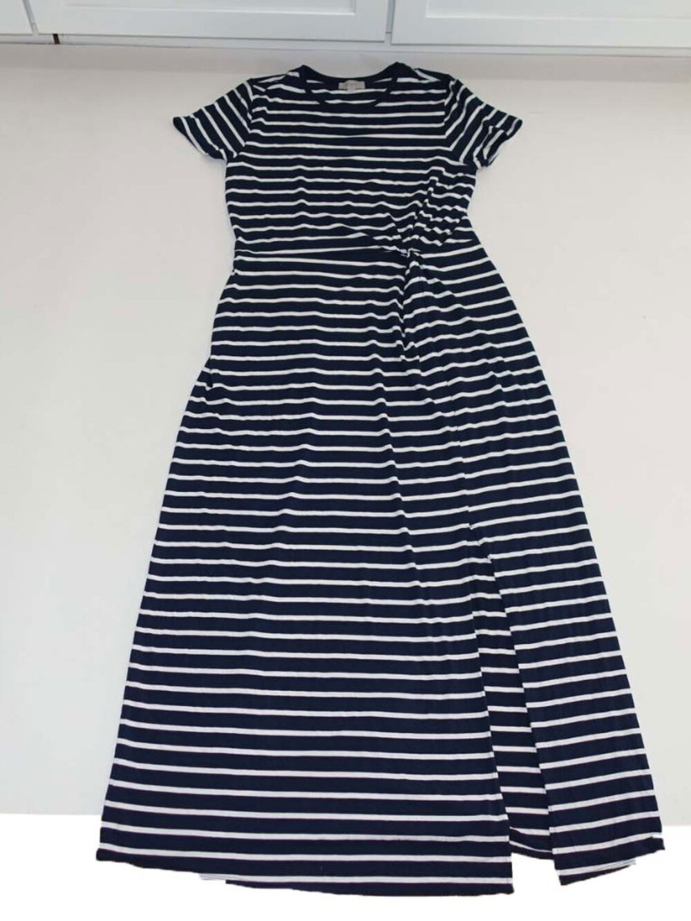 Loft Women's Maxi Dress Large Short Sleeves Navy Blue White Striped Full Length